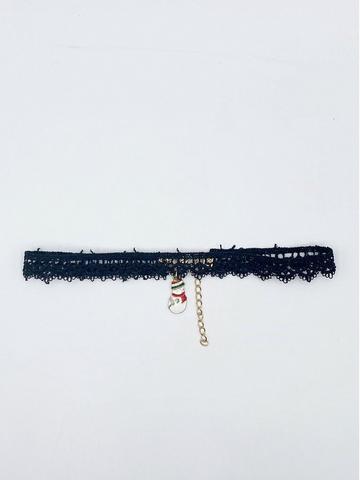 Corded Lace Scallop Effect Choker With Snowman Pendant Black