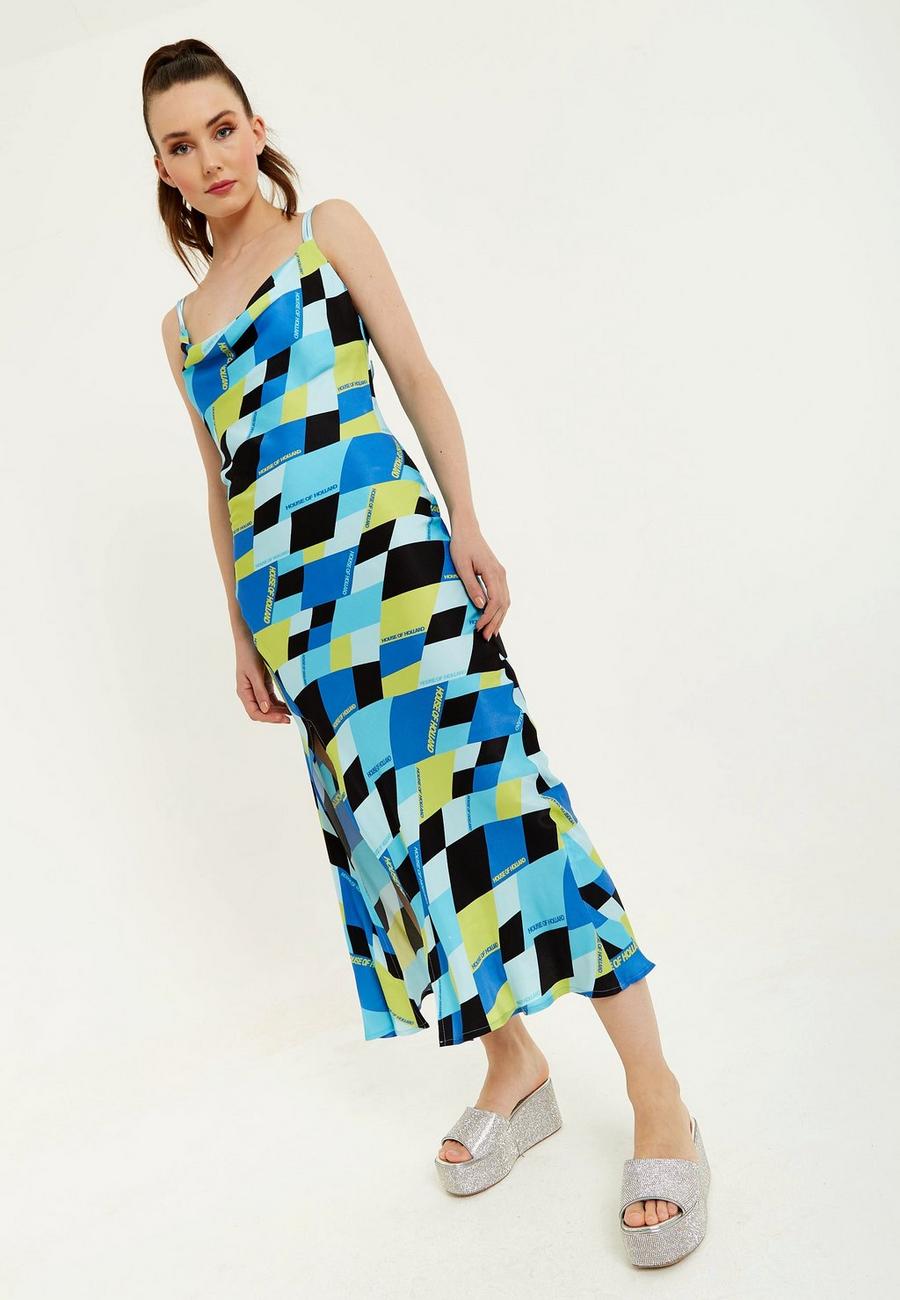 Blue And Black Printed Midi Dress With Cowl Neck