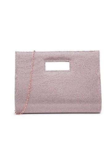 Rommy Rhinestone Studded Clutch Handbag With Handle & Chain Strap Rose Gold