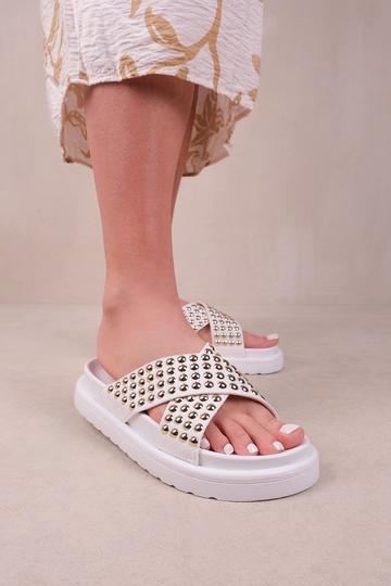 'Zenith' Flat Sandals With Cross Over Pressed Studs Straps White