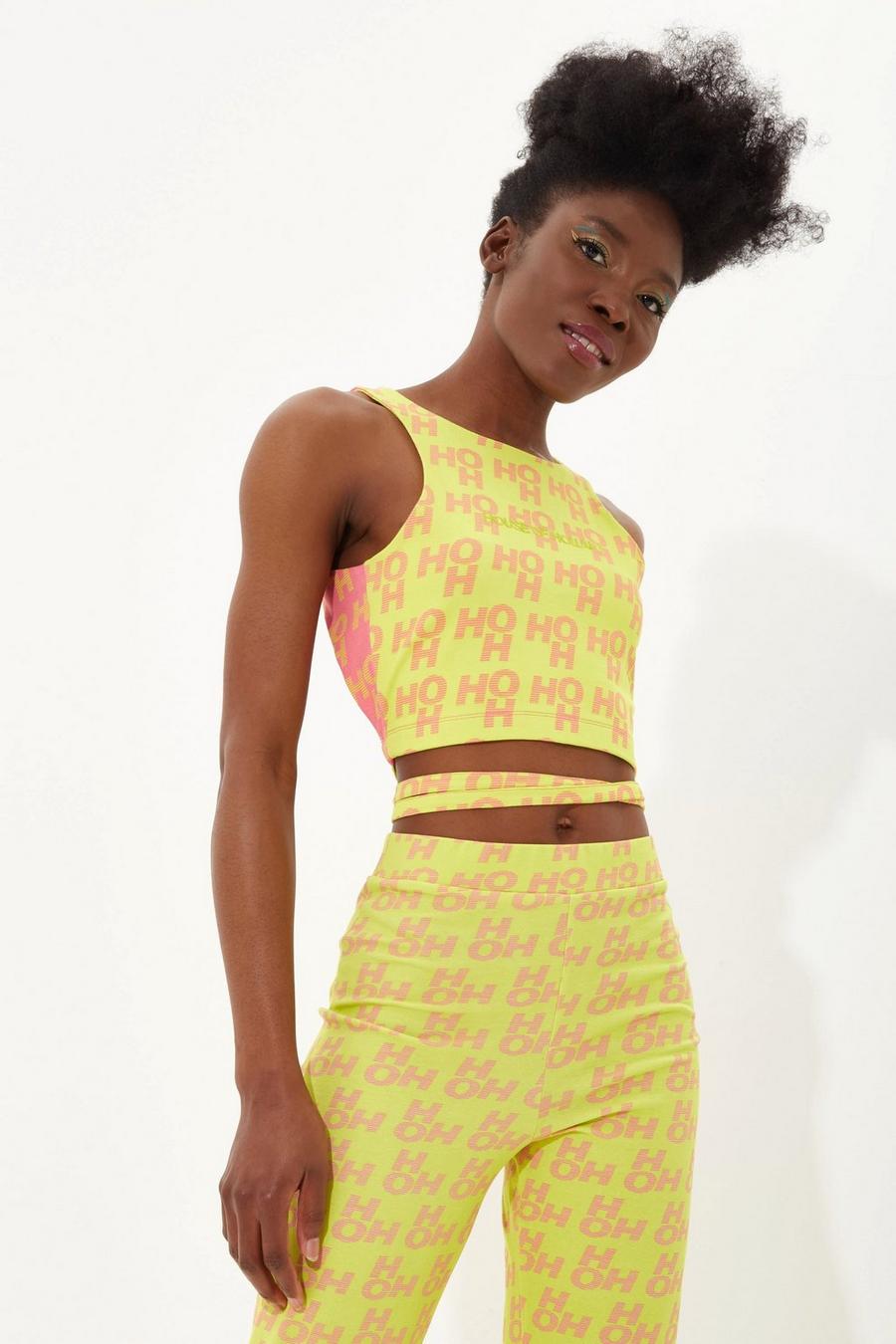 Yellow Printed Jersey Crop Top With Open Back In Contrast Colours