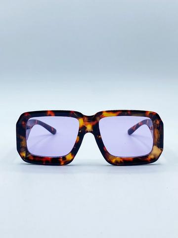 Oversized Square Frame in Brown Tortoiseshell with Purple Lenses Brown