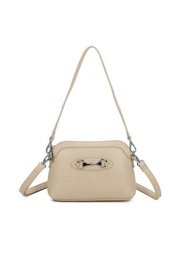 Beige Silver Buckle Style Small Crossbody Bag WIth Detachable Strap & Handle