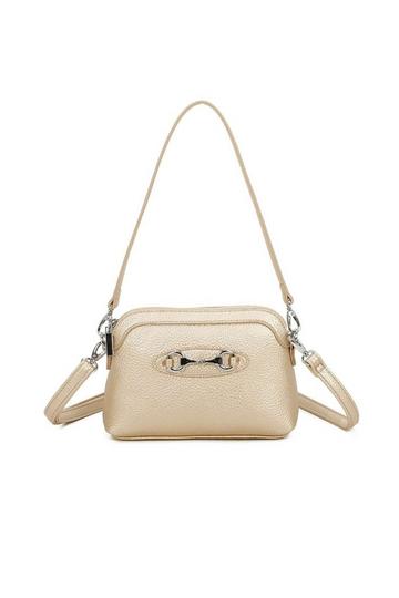 Gold Metallic Silver Buckle Style Small Crossbody Bag WIth Detachable Strap & Handle