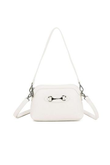 Silver Buckle Style Small Crossbody Bag WIth Detachable Strap & Handle White