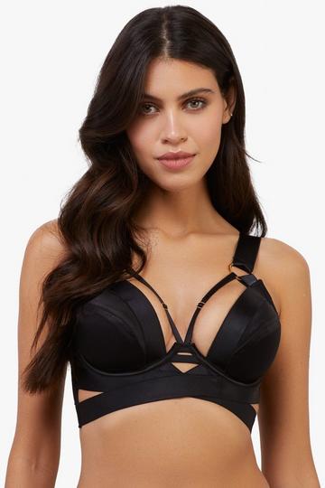 Etta Black Satin & Mesh Longline Padded Plunge Bra Black