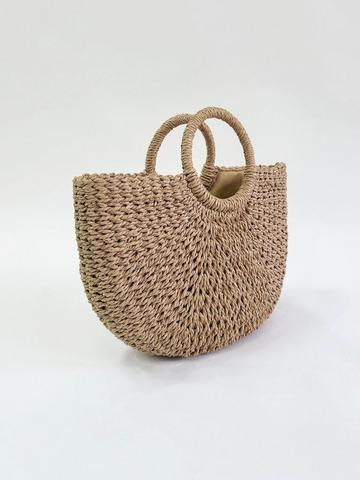 Round Woven Straw Holdall With Circular Handle Brown