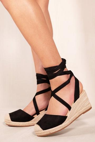 Black 'Juniper' Low Wedge Espadrille Sandals With Lace Up Detail