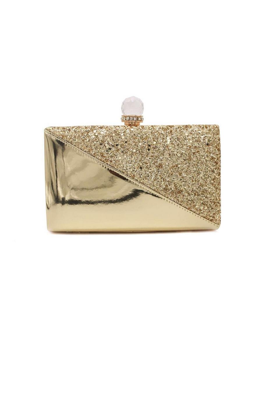 Gold Crystail Clasp Half Shiny Glitter Evening Clutch Bag