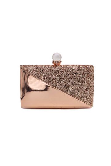 Rose Pink Crystail Clasp Half Shiny Glitter Evening Clutch Bag