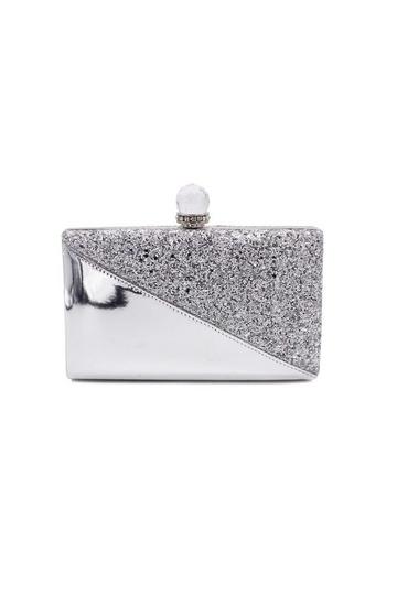 Crystail Clasp Half Shiny Glitter Evening Clutch Bag Silver