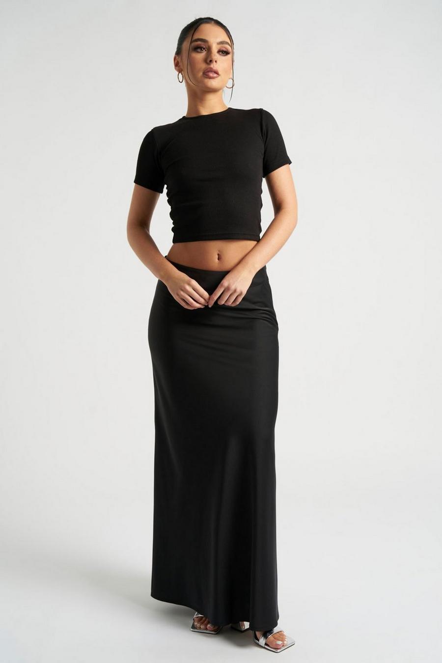 Black Satin Bias Cut Maxi Skirt image number 1