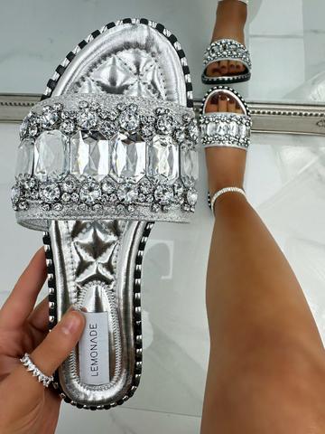 Crystal Chunky Diamante Sliders Silver