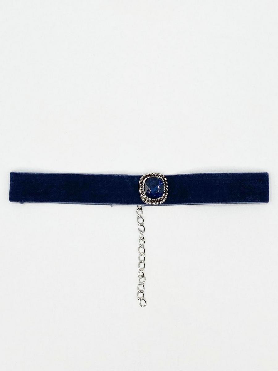Navy Faux Velvet Choker Necklace with Jewel