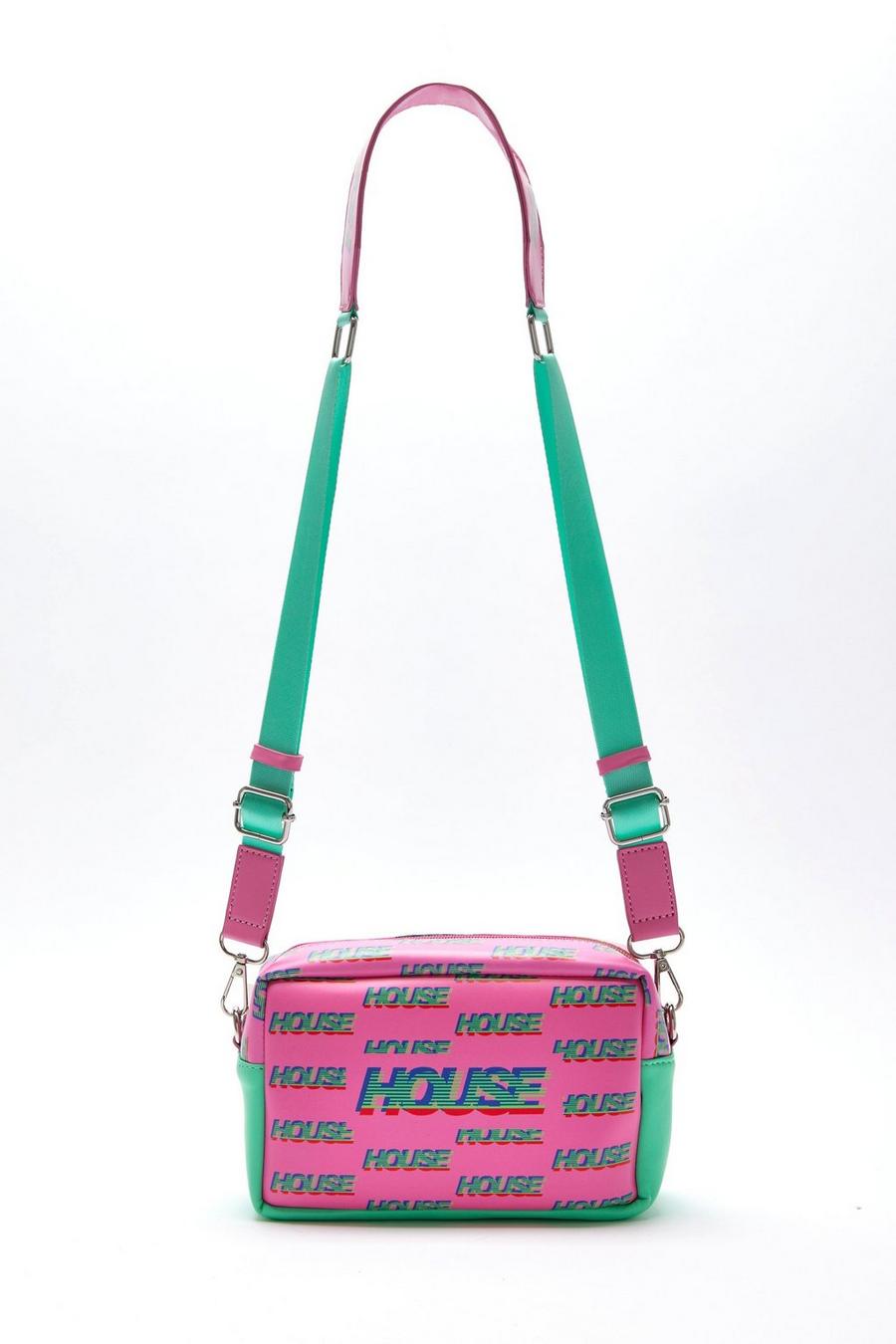 Cross Body Bag In Pink And Mint With ‘House’ Print