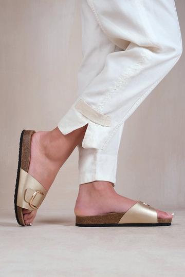 Gold Metallic 'Sequoia' Flat Single Strap Sandals With Buckle Detail