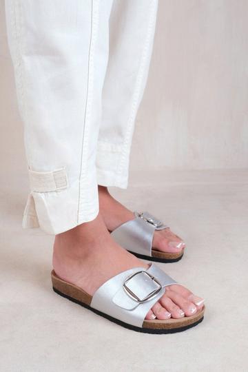 Silver 'Sequoia' Flat Single Strap Sandals With Buckle Detail