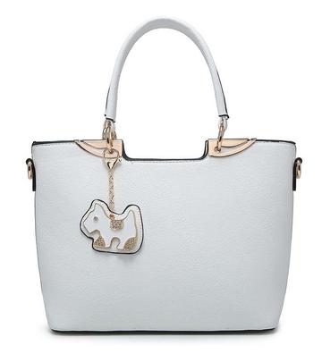 White Dog Charm Rommy Tote Handbag Shoulder Bag With Strap