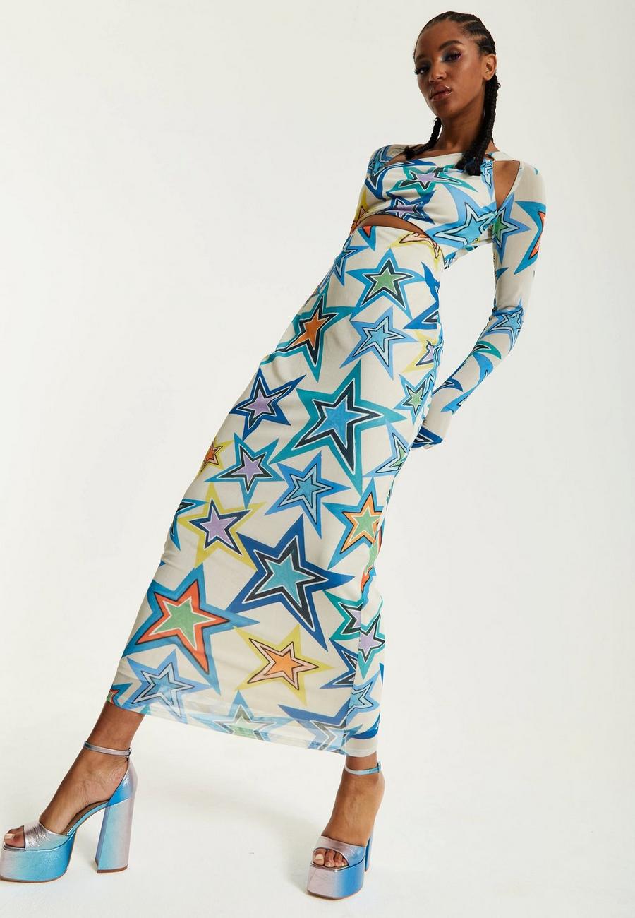 Multi Star Print Maxi Dress With Cut Out Details image number 1