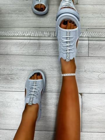 Grey Sparkly Lace Up Stretch Sock Sandals