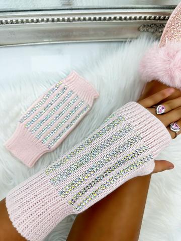 Pink Crystal Stripe Fingerless Sparkly Gloves