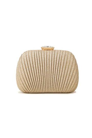 Gold Metallic Diamante Crystal Clasp Pleated Shell Clutch Evening Bag