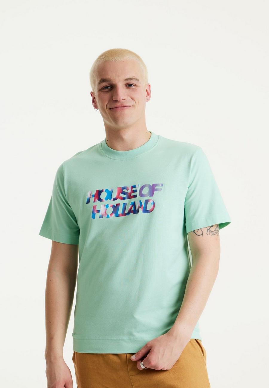 Green Iridescent Transfer Printed T-Shirt in Egg Blue