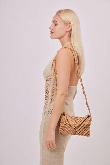 Beige Envelope Woven Crossbody Bag in Beige