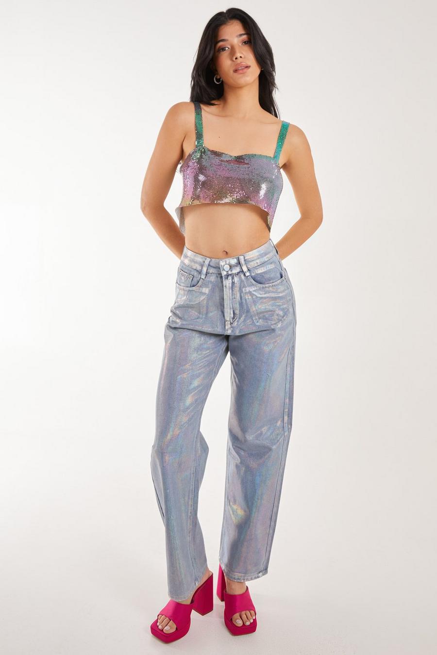 Metallic Silver Foil Coated Jeans image number 1