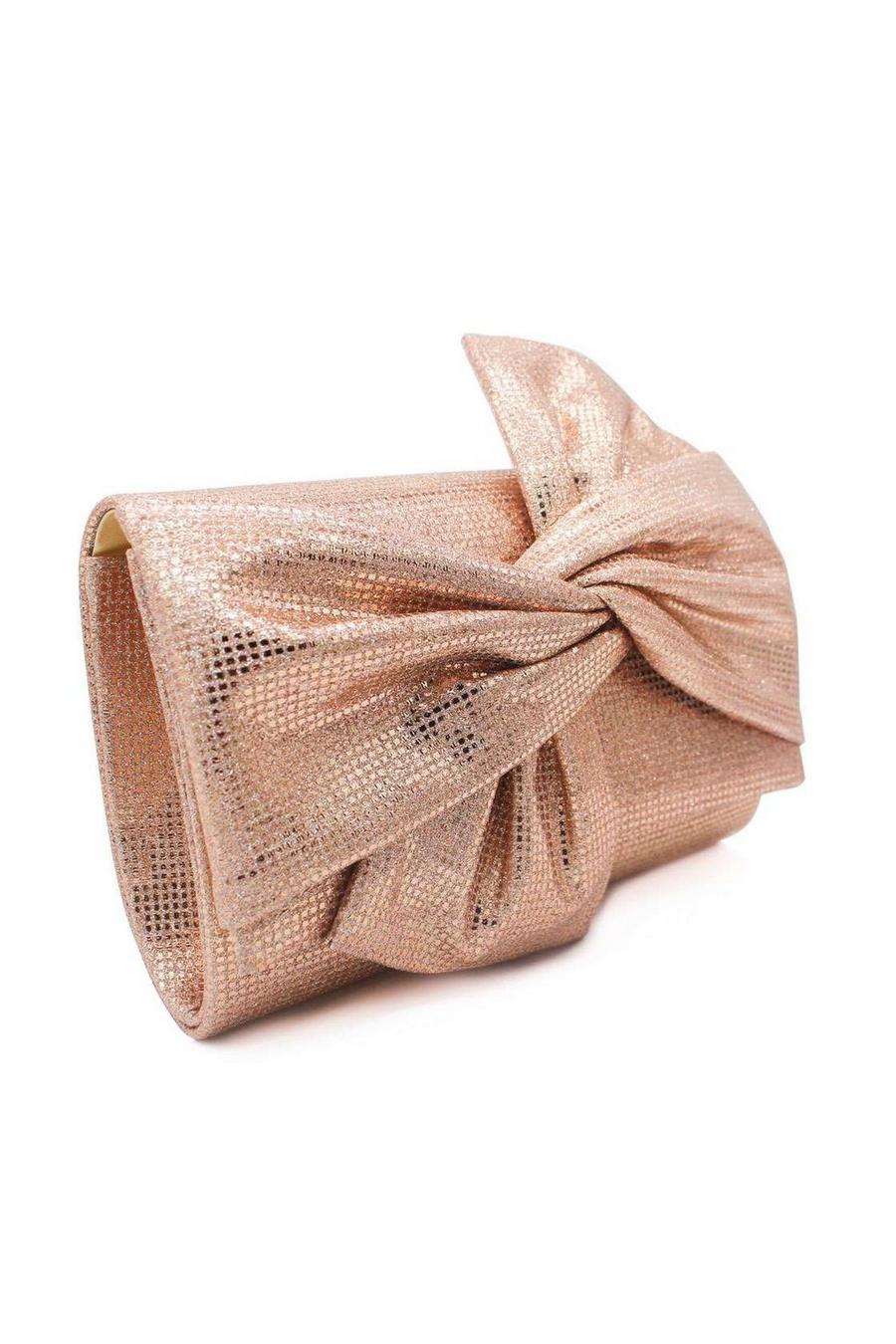 Gold Large Bow Shiny Evening Clutch Bag With Chain Strap