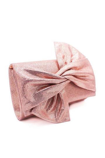 Rose Pink Large Bow Shiny Evening Clutch Bag With Chain Strap