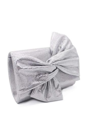 Large Bow Shiny Evening Clutch Bag With Chain Strap Silver