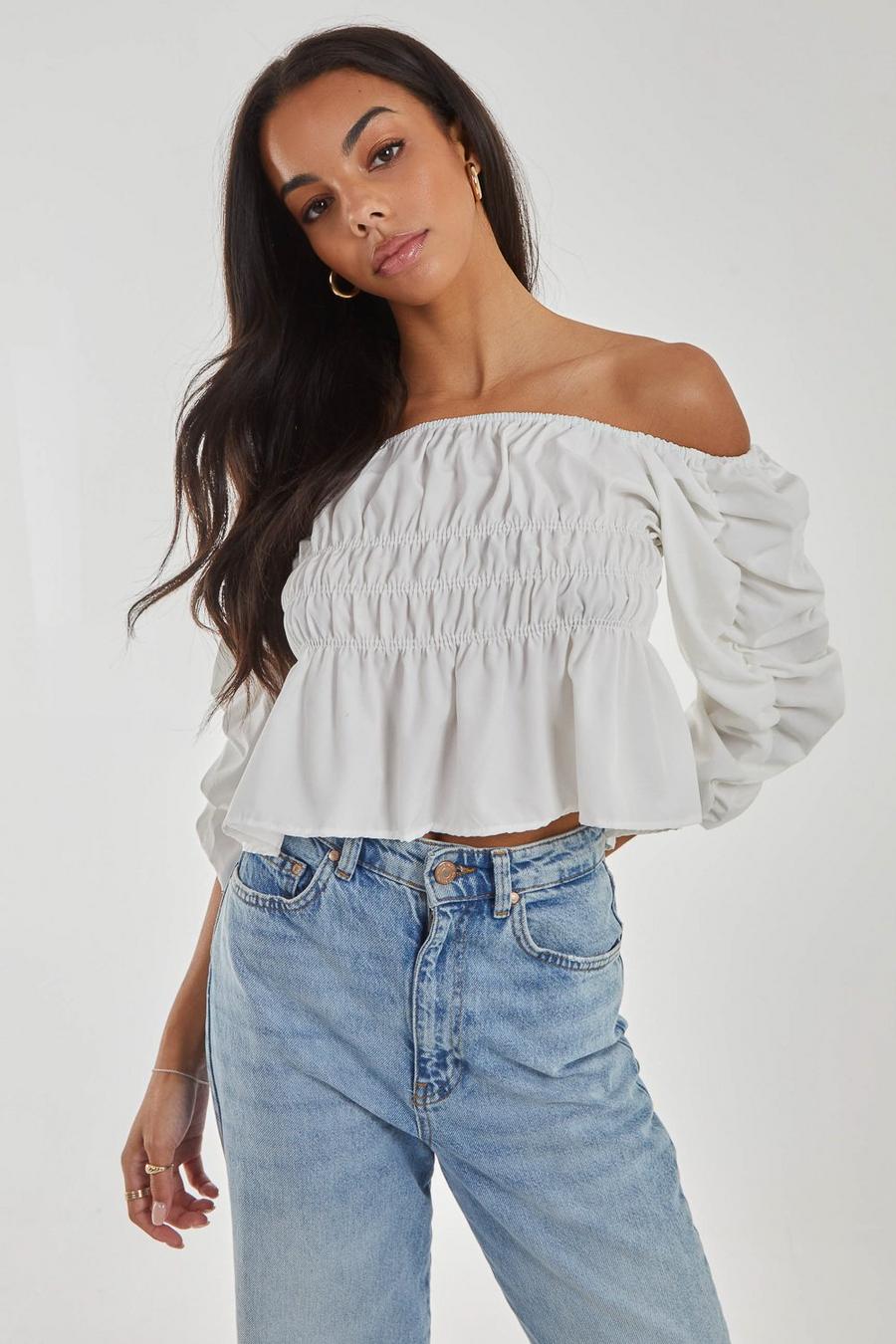 White Shirred Detail Puff Sleeve Crop Top image number 1