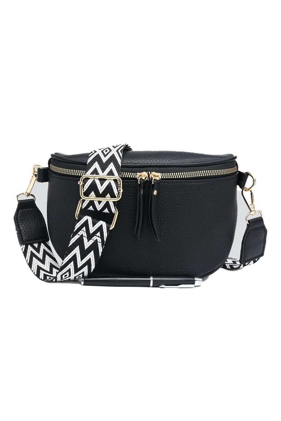 Black Ribbon Zip Small Bum Bag Style Wide Strap Crossbody Bag