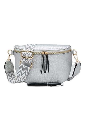 Ribbon Zip Small Bum Bag Style Wide Strap Crossbody Bag Silver