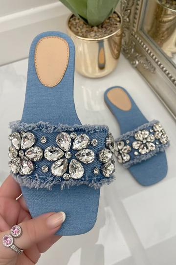 Sparkly Daisy Denim Sliders Blue