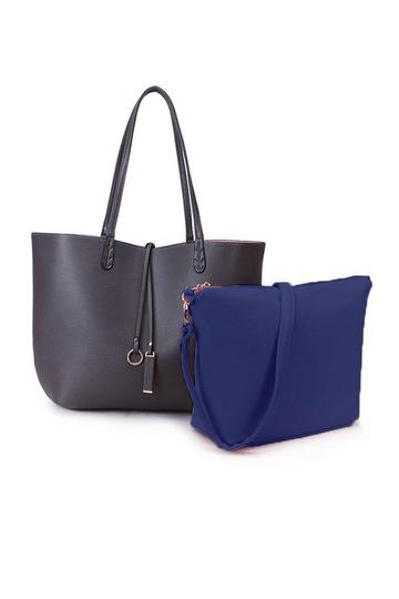 Blue 2in1 Set Large Tote 2 Tone Reversible Tote Handbag with Small Messenger Bag