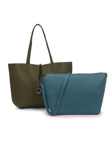 Green 2in1 Set Large Tote 2 Tone Reversible Tote Handbag with Small Messenger Bag