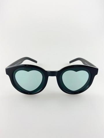 Black Plastic Round Frame Sunglasses with Heart Lenses