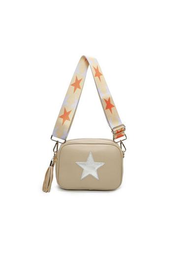 Tassel Charm Shiny Star Wide Strap PU Leather Crossbody Bag Beige