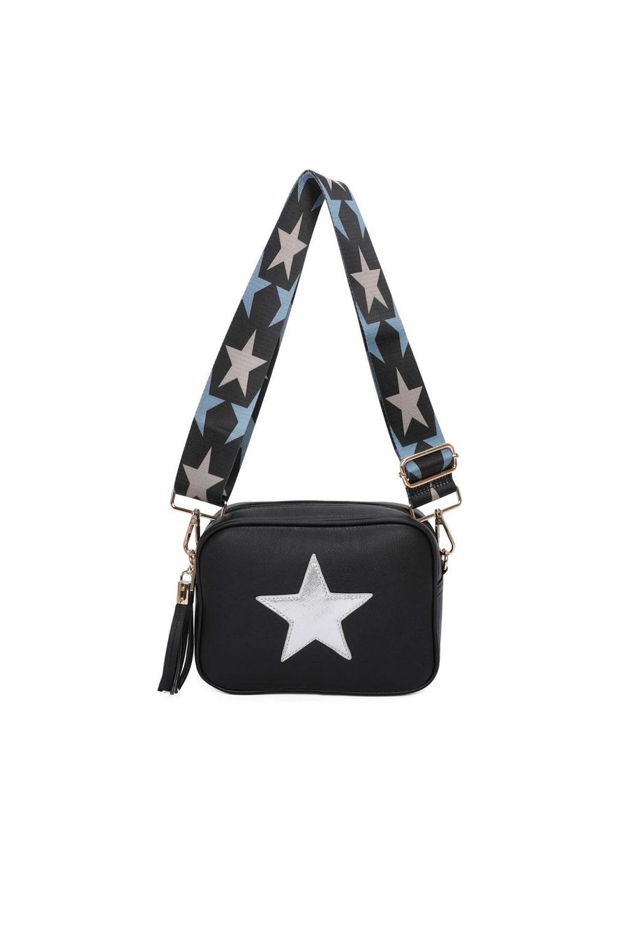 Black Tassel Charm Shiny Star Wide Strap PU Leather Crossbody Bag image number 1