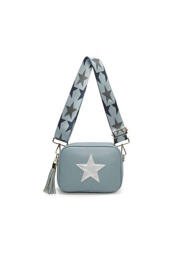 Blue Tassel Charm Shiny Star Wide Strap PU Leather Crossbody Bag