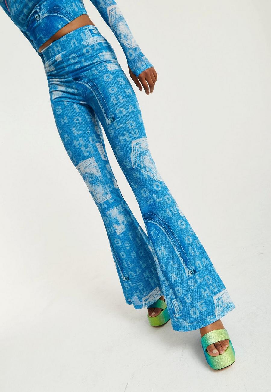 Blue Denim Print Flare Trousers
