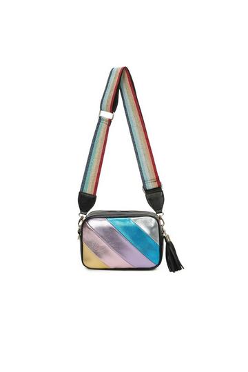 Blue Multicolor Metallic Stipe Camera Crossbody Bag With Tassel Charm & Canvas Strap