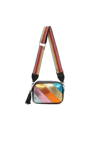 Multicolor Metallic Stipe Camera Crossbody Bag With Tassel Charm & Canvas Strap Orange