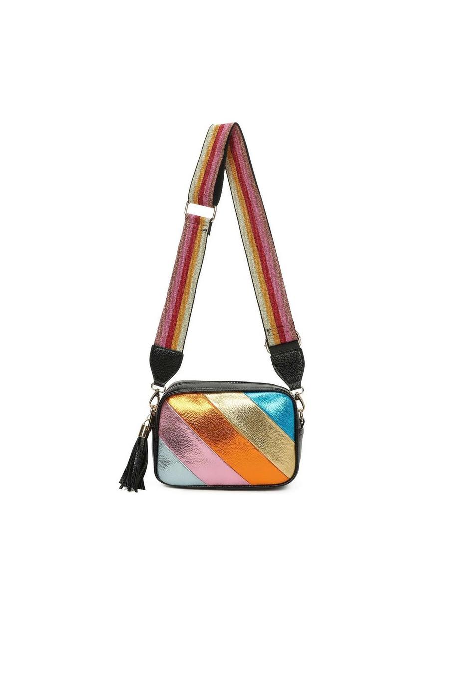 Orange Multicolor Metallic Stipe Camera Crossbody Bag With Tassel Charm & Canvas Strap image number 1