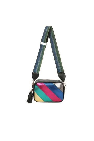 Multicolor Metallic Stipe Camera Crossbody Bag With Tassel Charm & Canvas Strap Rose