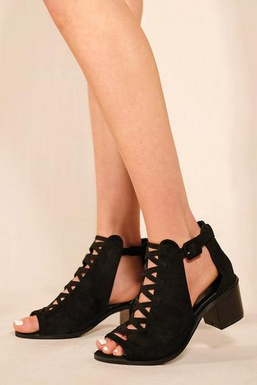 Black 'Reydah' Mid High Block Heel Sandals With Peep Toe & Criss Cross Detail