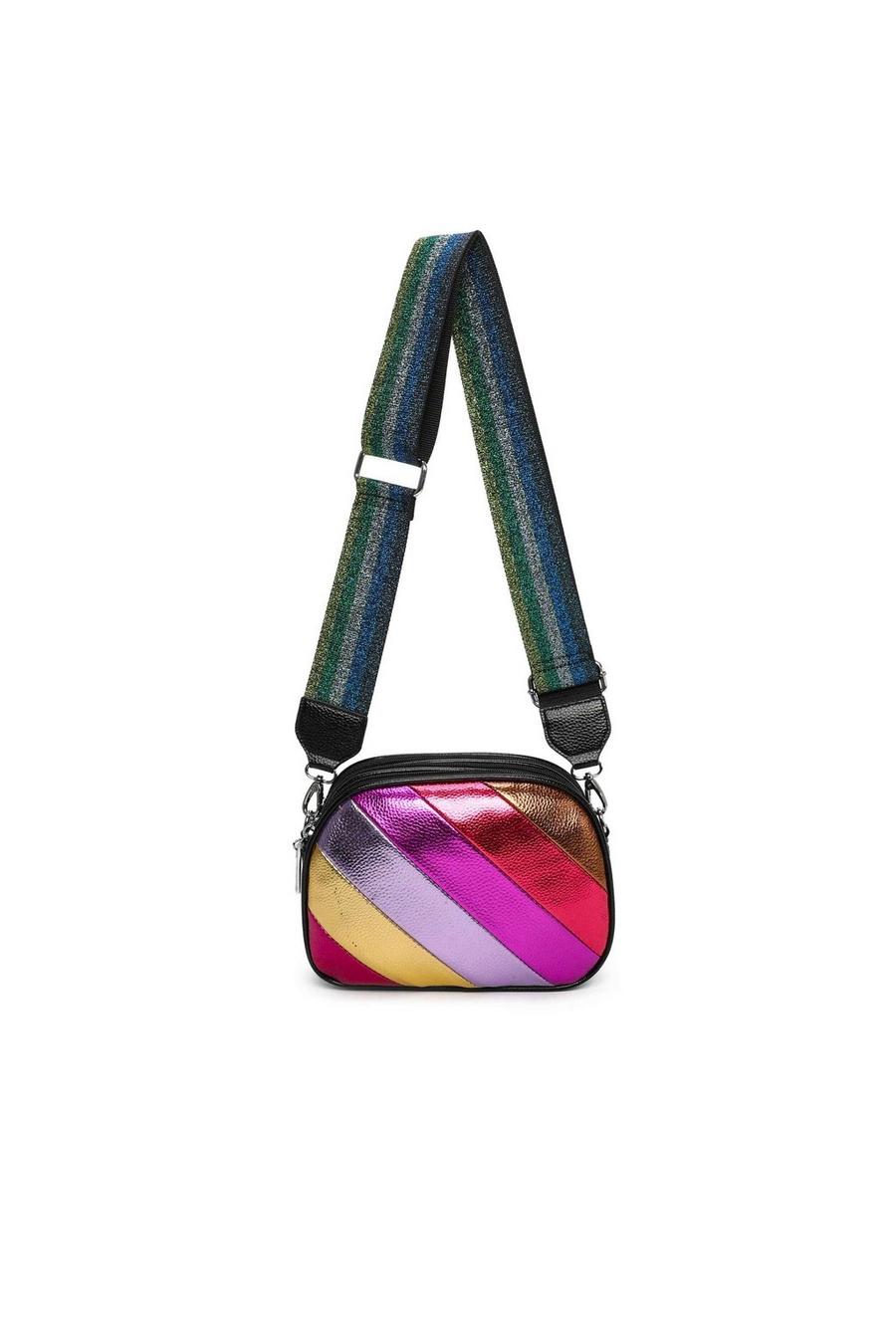 Black Rainbow Style Metallic Stripes Triple Compartments Crossbody Bag image number 1