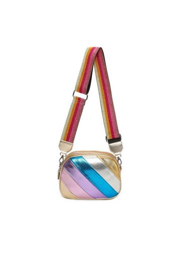 Gold Metallic Rainbow Style Metallic Stripes Triple Compartments Crossbody Bag